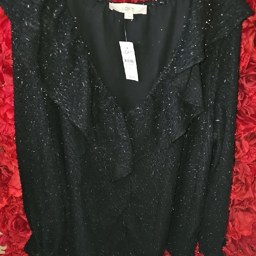 LOFT Black and Silver Ruffled Shiny Threaded Blouse With Lining Size XLarge